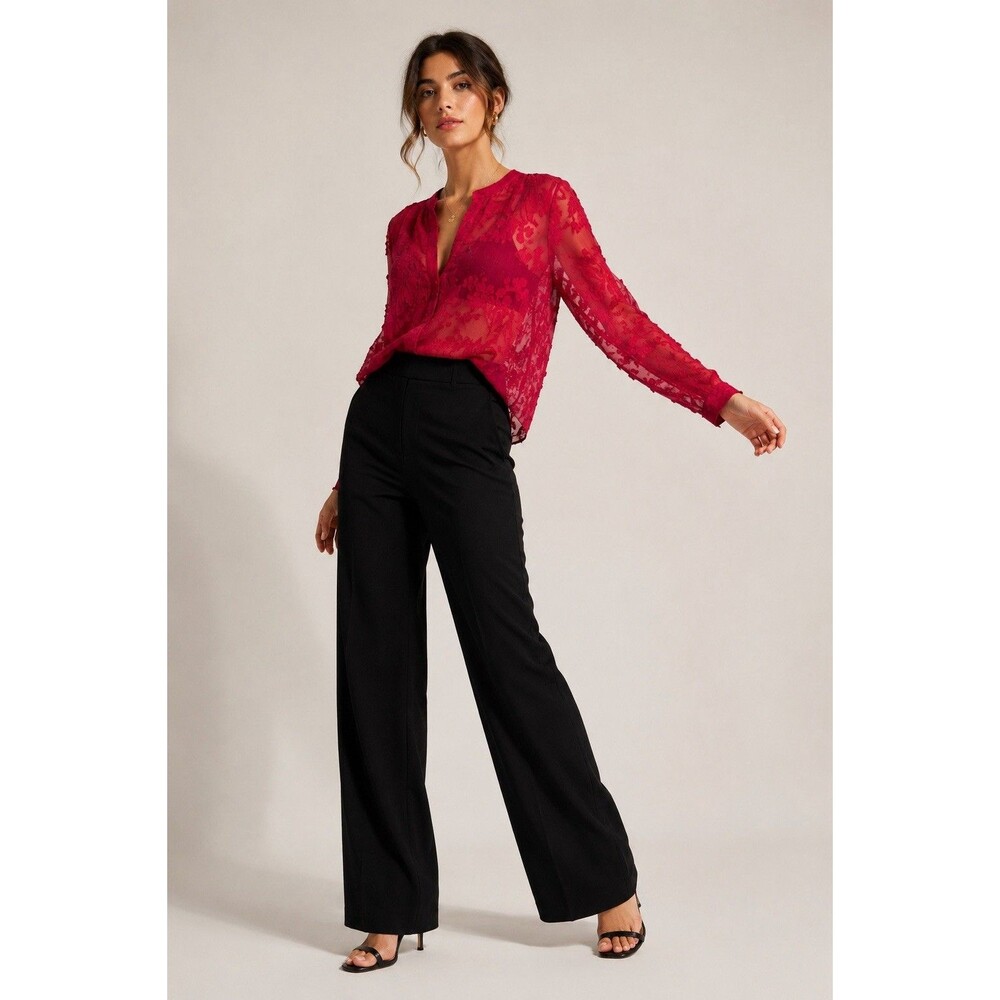 Cynthia Rowley Sheer Floral Burnout Blouse XS Berry Red Silk Blend Long Sleeve - Picture 13 of 13